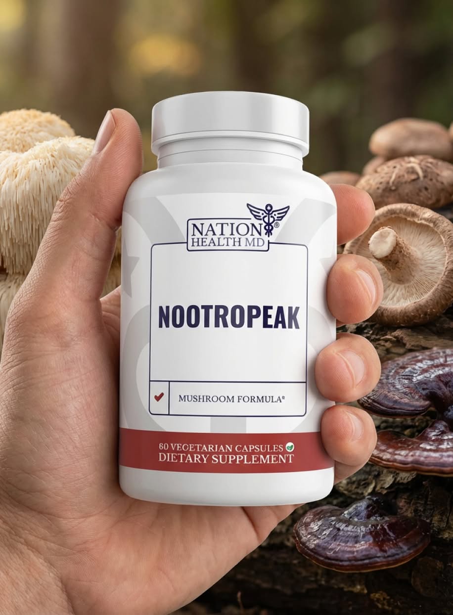 Nation Health MD NootroPeak bottle in hand