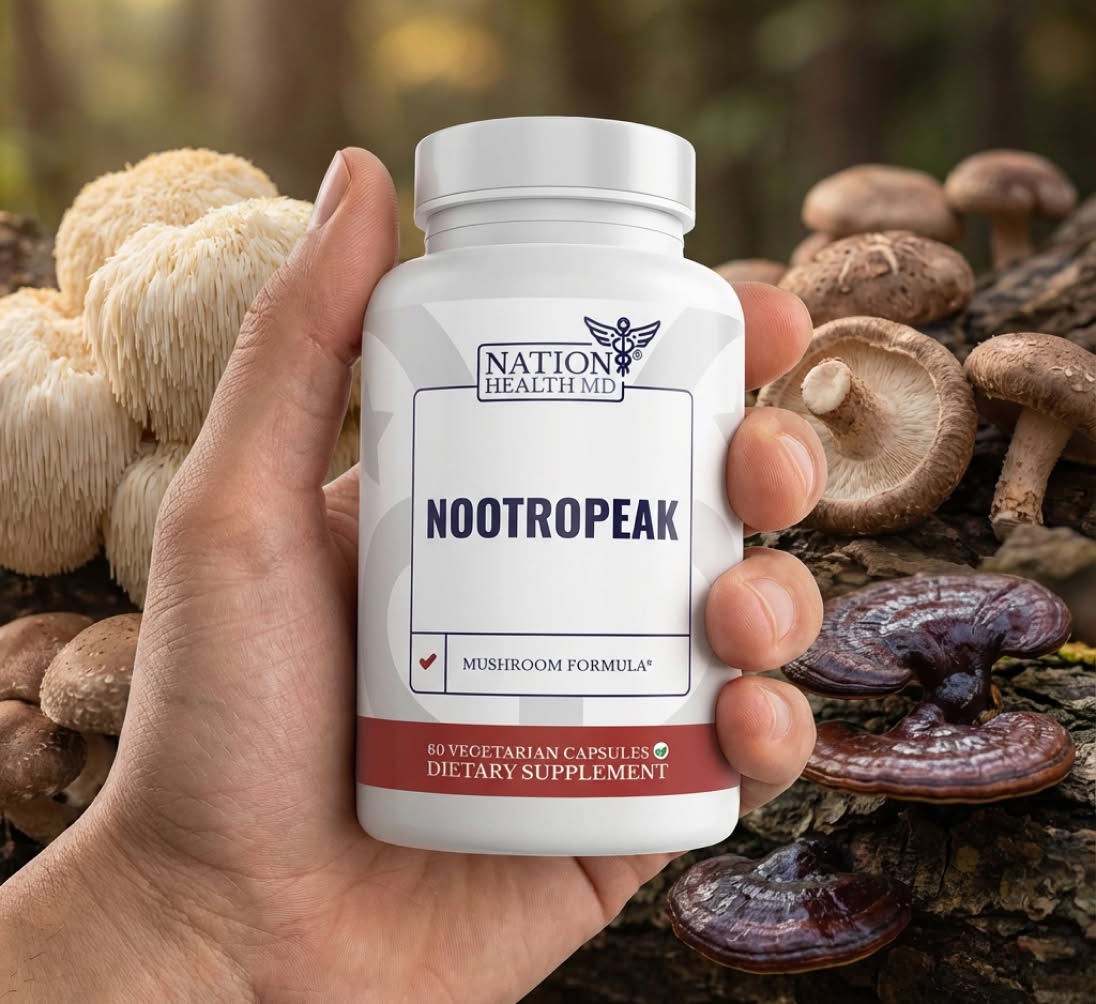 Nation Health MD NootroPeak bottle in hand