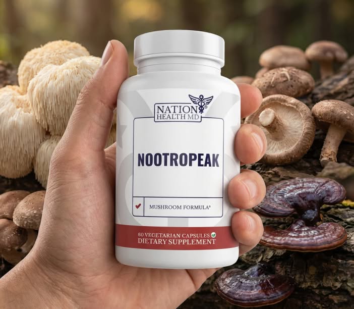Nation Health MD NootroPeak bottle in hand